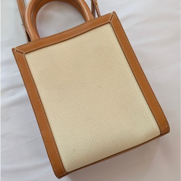 Celine Tan/Natural Mini Cabas Vertical Leather/Textile Logo Tote Bag - Picture 2 of 12